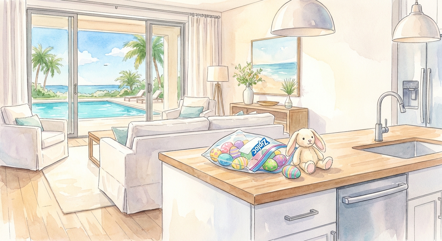 Watercolor illustration of a Marriott Villa interior with the Holiday Kit on the counter