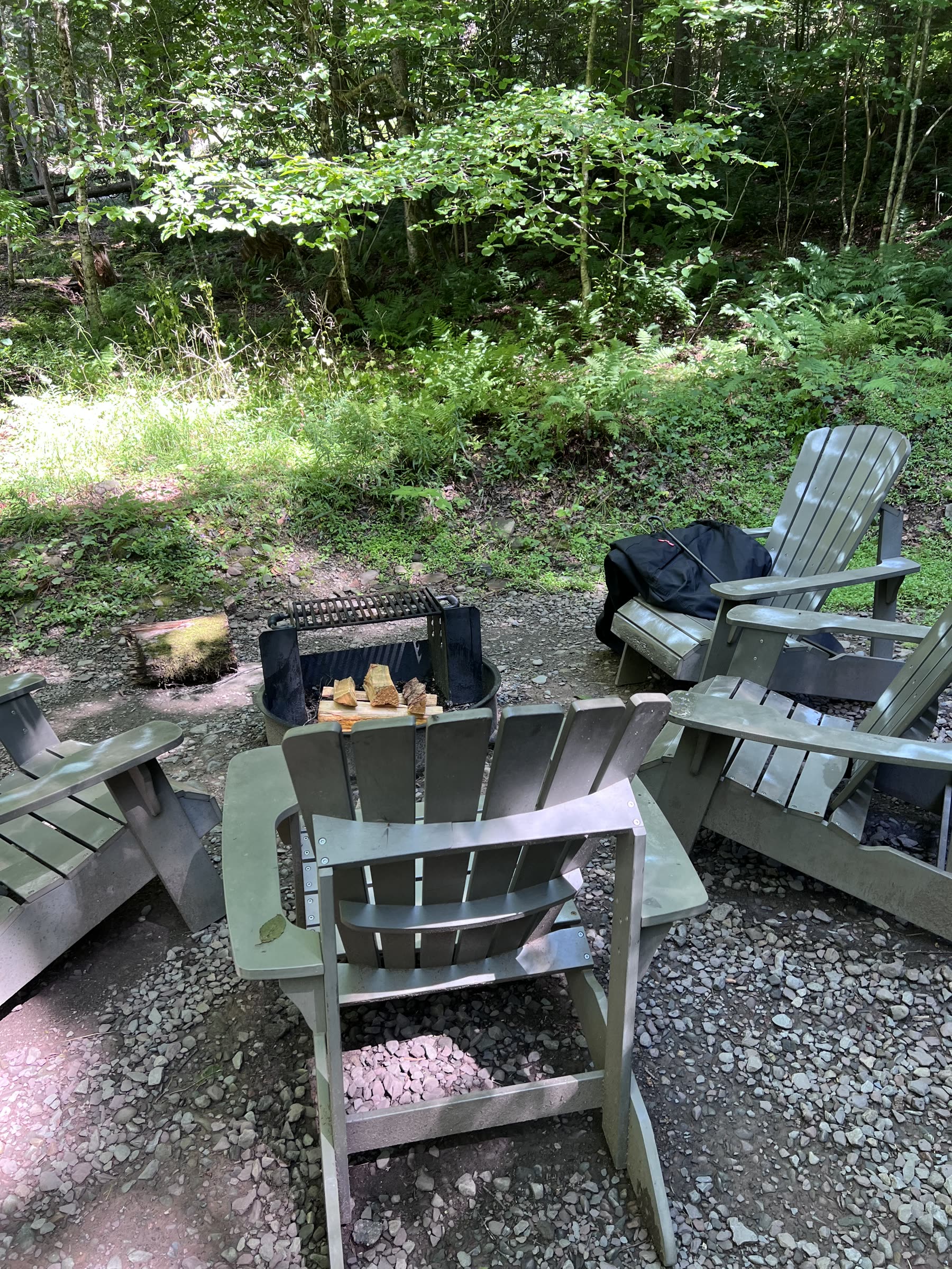 Private fire pit surrounded by Adirondack chairs in the woods outside our Postcard Cabin